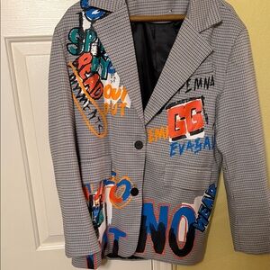 Graphic Checkered Blazer with Bold Text